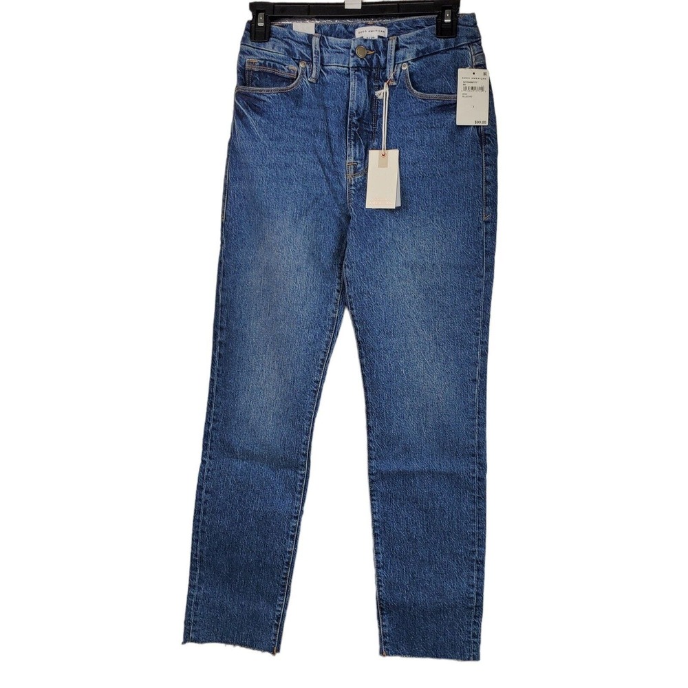 Good American Jeans sz 2 Classic Skinny High Rise 26 x 28 Blue940 RAW HEM $139